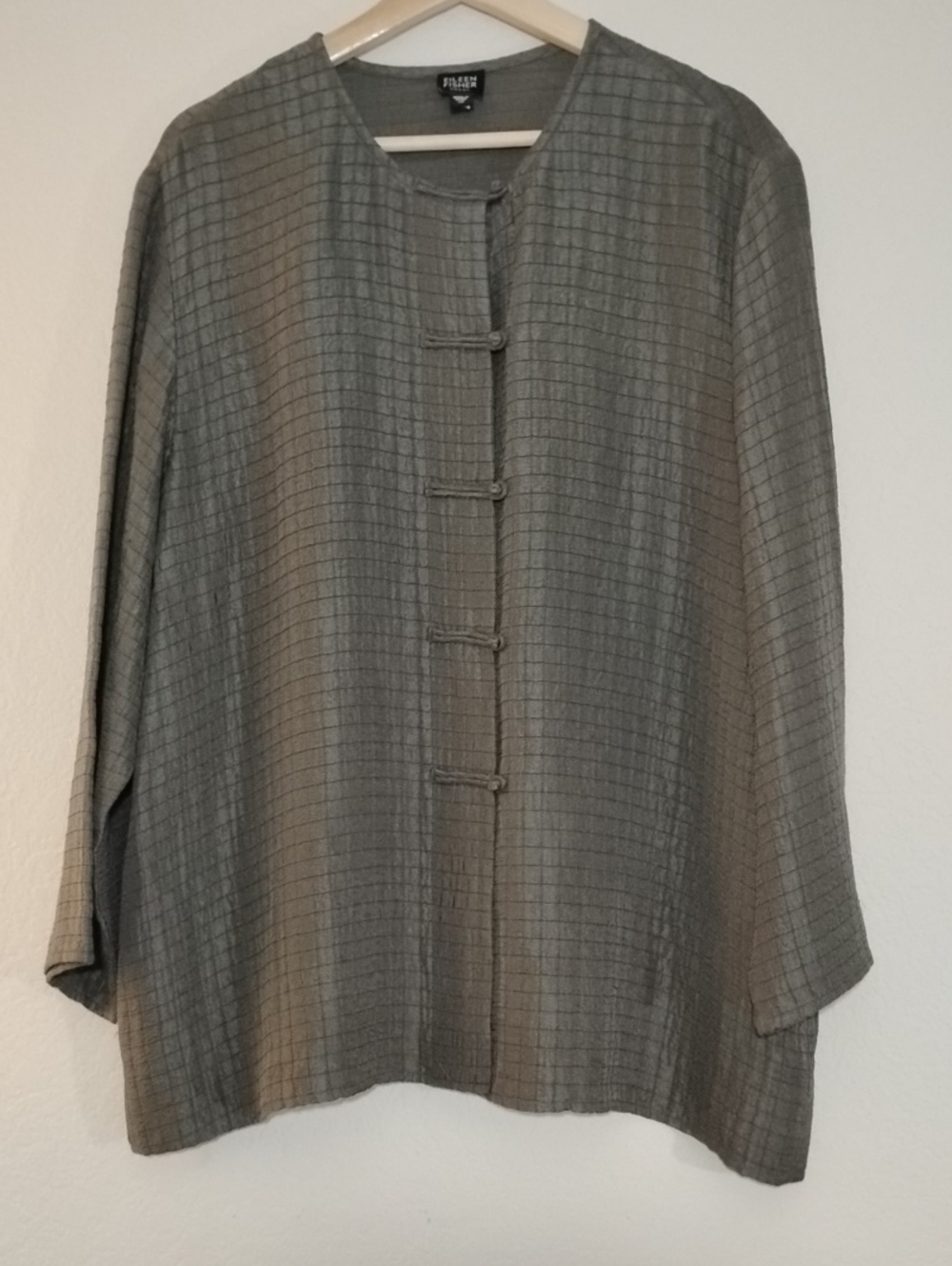 SILK & LINEN Eileen Fisher Olive Grid Mandarin Style Frog Button-Front Tunic
